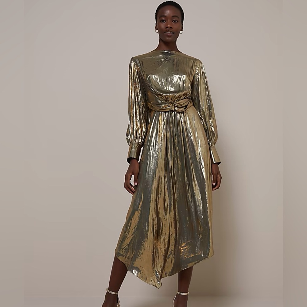 River Island studio Metallic Gold twist front Midi Dress size 4- BRAND NEW
